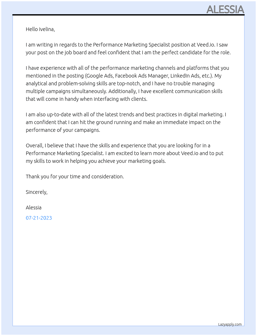 Performance Marketing Specialist At Veed.io Cover Letter