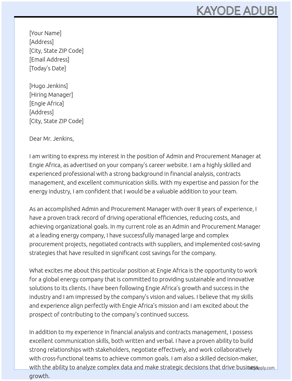 Admin and Procurement Manager At Engie Africa Cover Letter