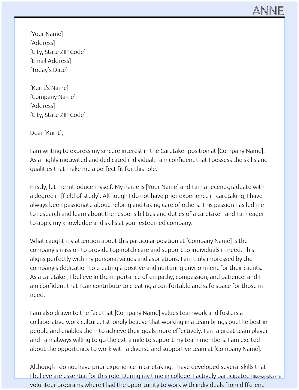 Caretaker At Kurt Cover Letter