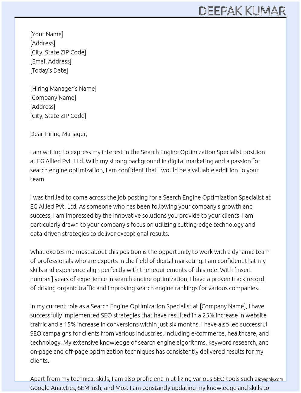 Search Engine Optimization Specialist At EG Allied Pvt. Ltd. Cover Letter