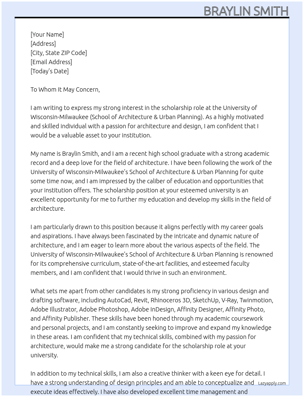 Scholarship At University of Wisconsin-Milwaukee (School of Architecture & Urban Planning) Cover Letter