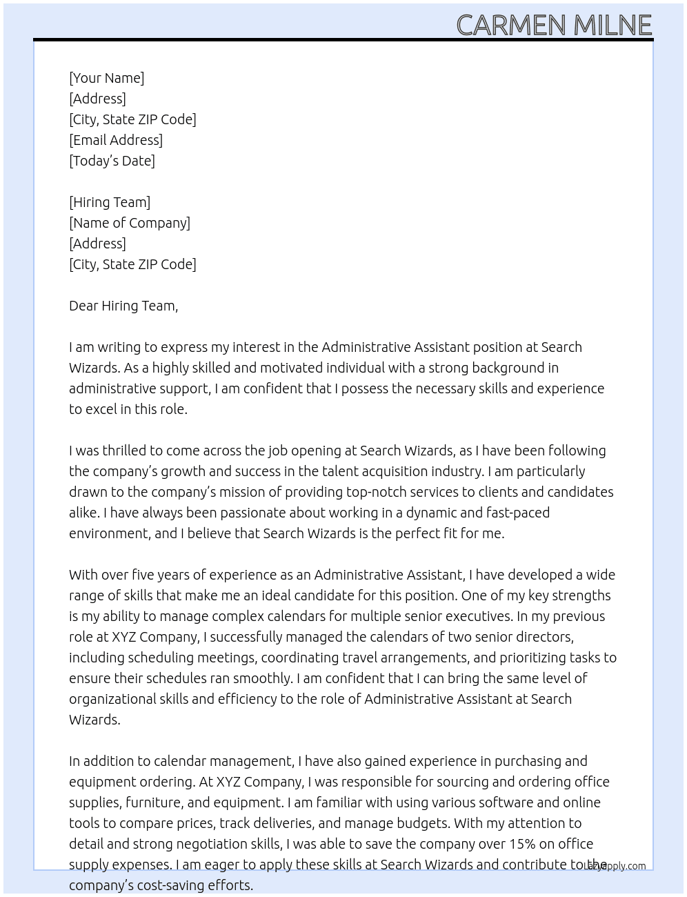 Administrative Assistant  At Search Wizards Cover Letter