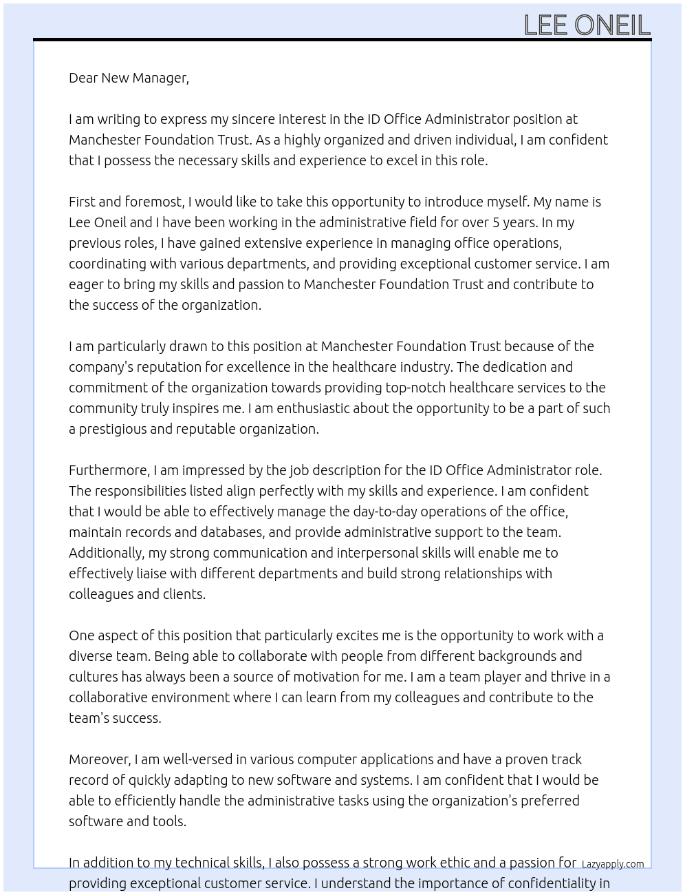 ID Office Adminstrator At Manchester Foundation Trust Cover Letter