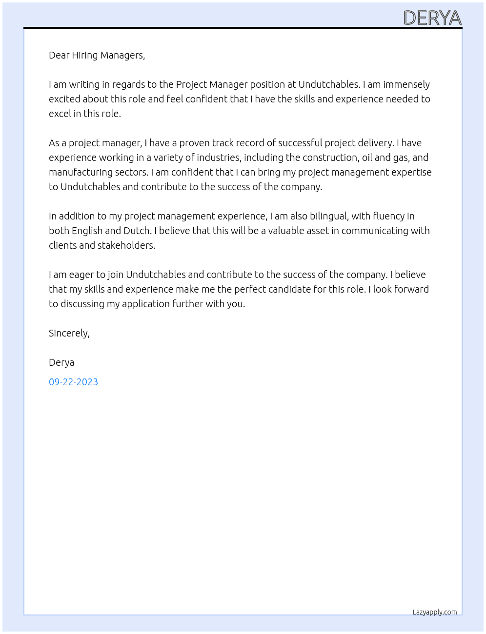 Project Manager At Undutchables Cover Letter