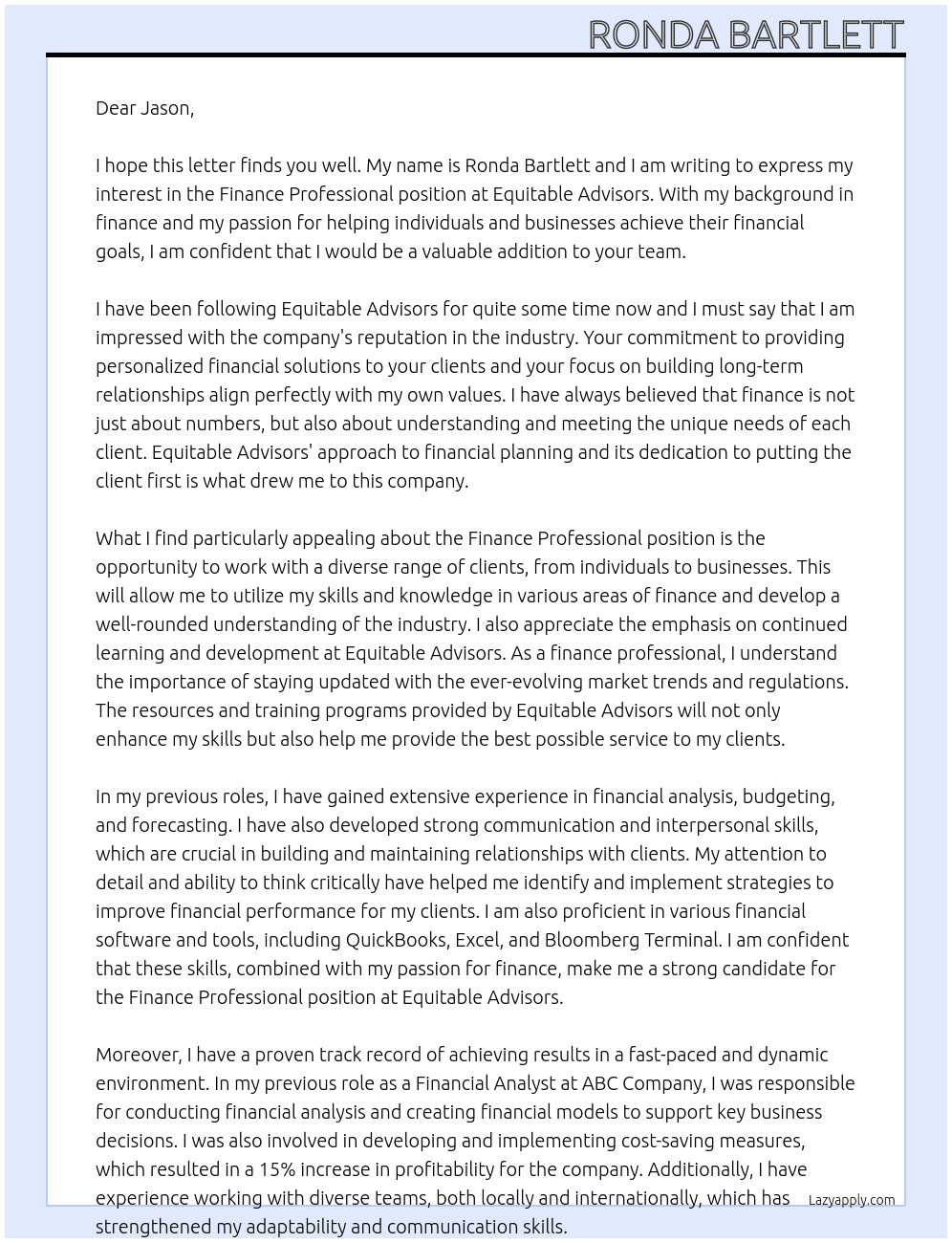 Finance Professional At Equitable Advisors Cover Letter
