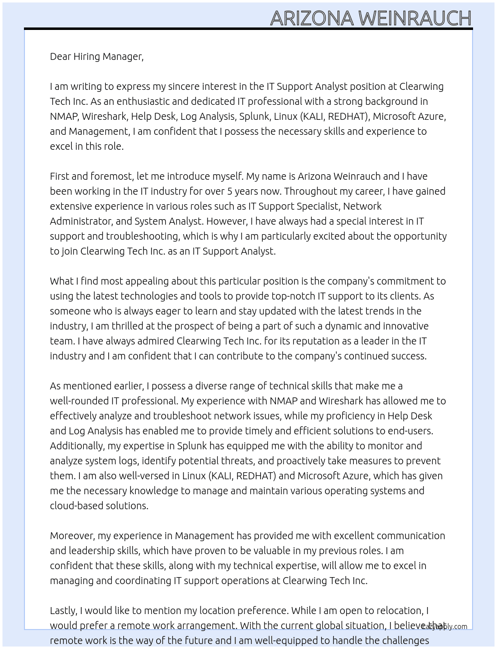 IT Support Analyst At Clearwing Tech Inch Cover Letter