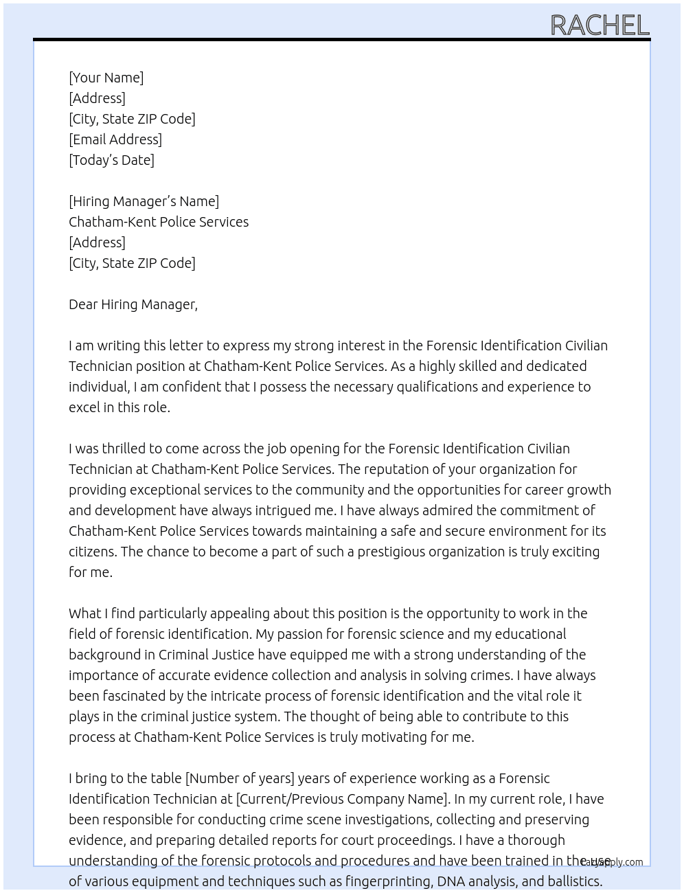 Forensic Identification Civilian Technician At Chatham-Kent Police Services Cover Letter