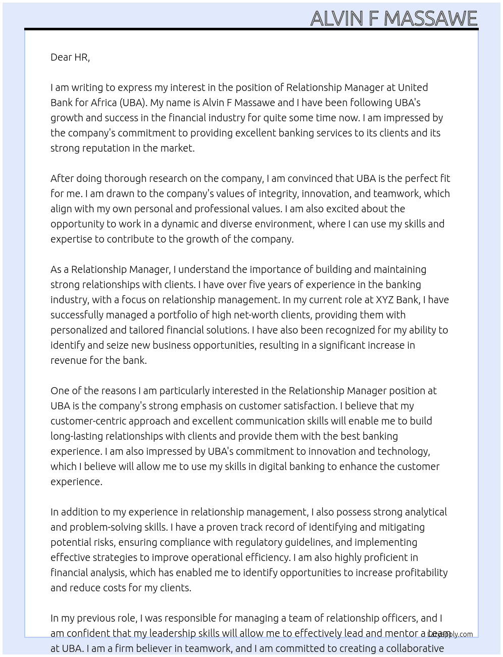 Relationship Manager at United Bank for Africa (UBA) At UBA Cover Letter