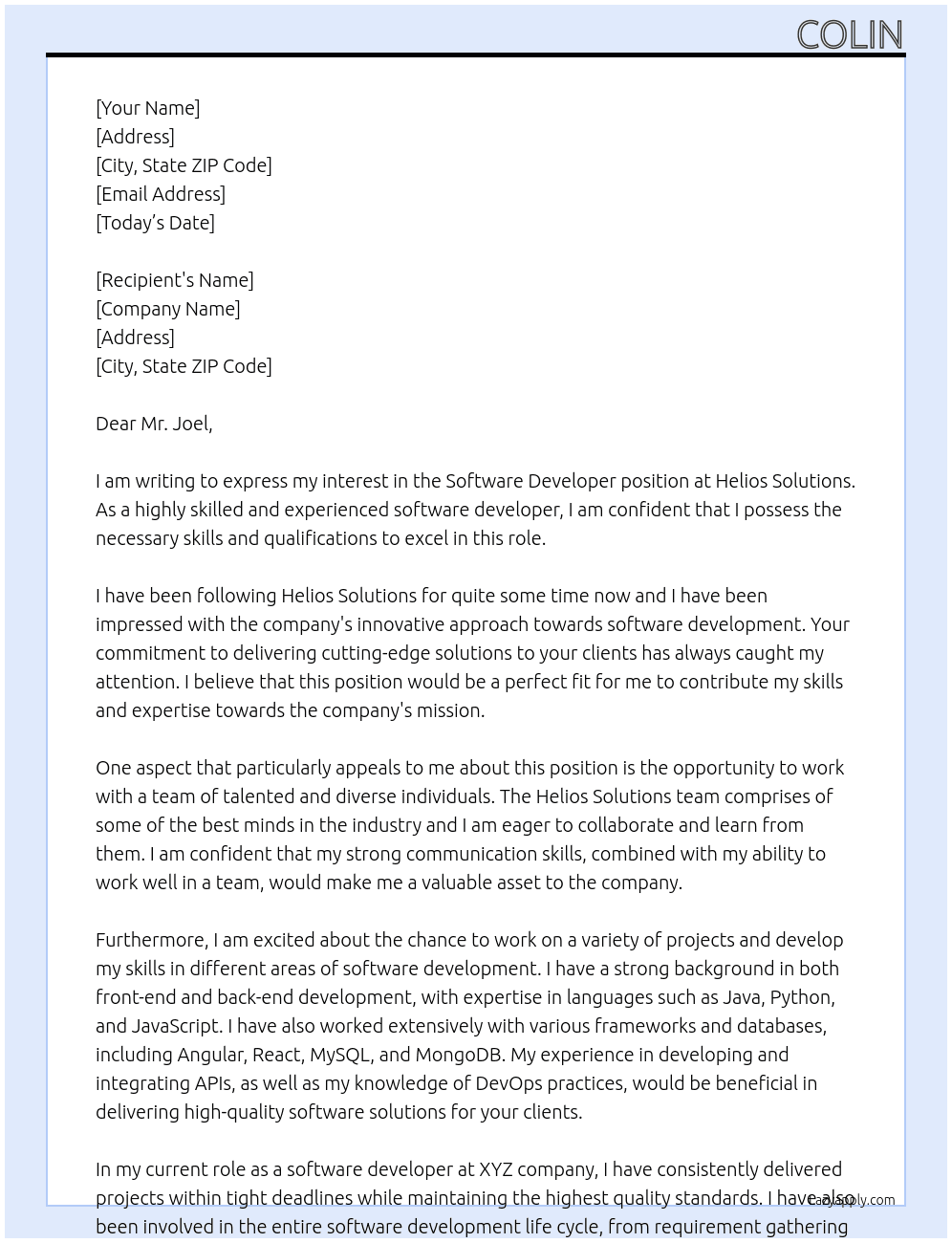 Software Developer At Helios Solutions Cover Letter