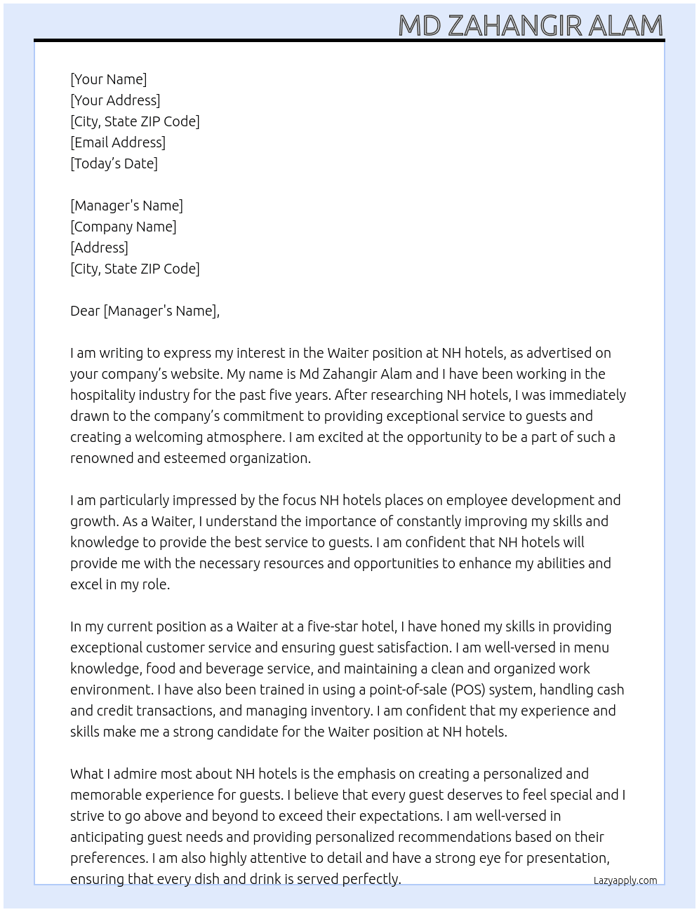 Waiter At NH hotels Cover Letter