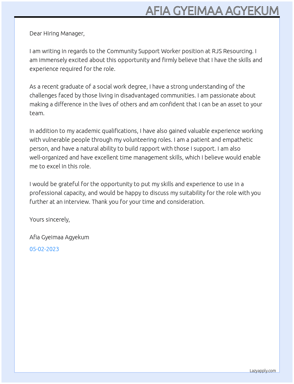 Community Support Worker  At RJS Resourcing  Cover Letter