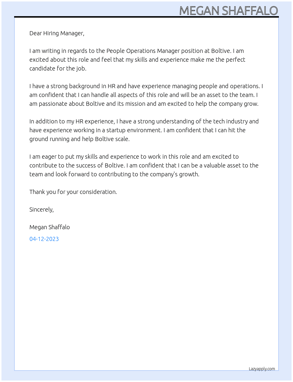 People Operations Manager At Boltive Cover Letter
