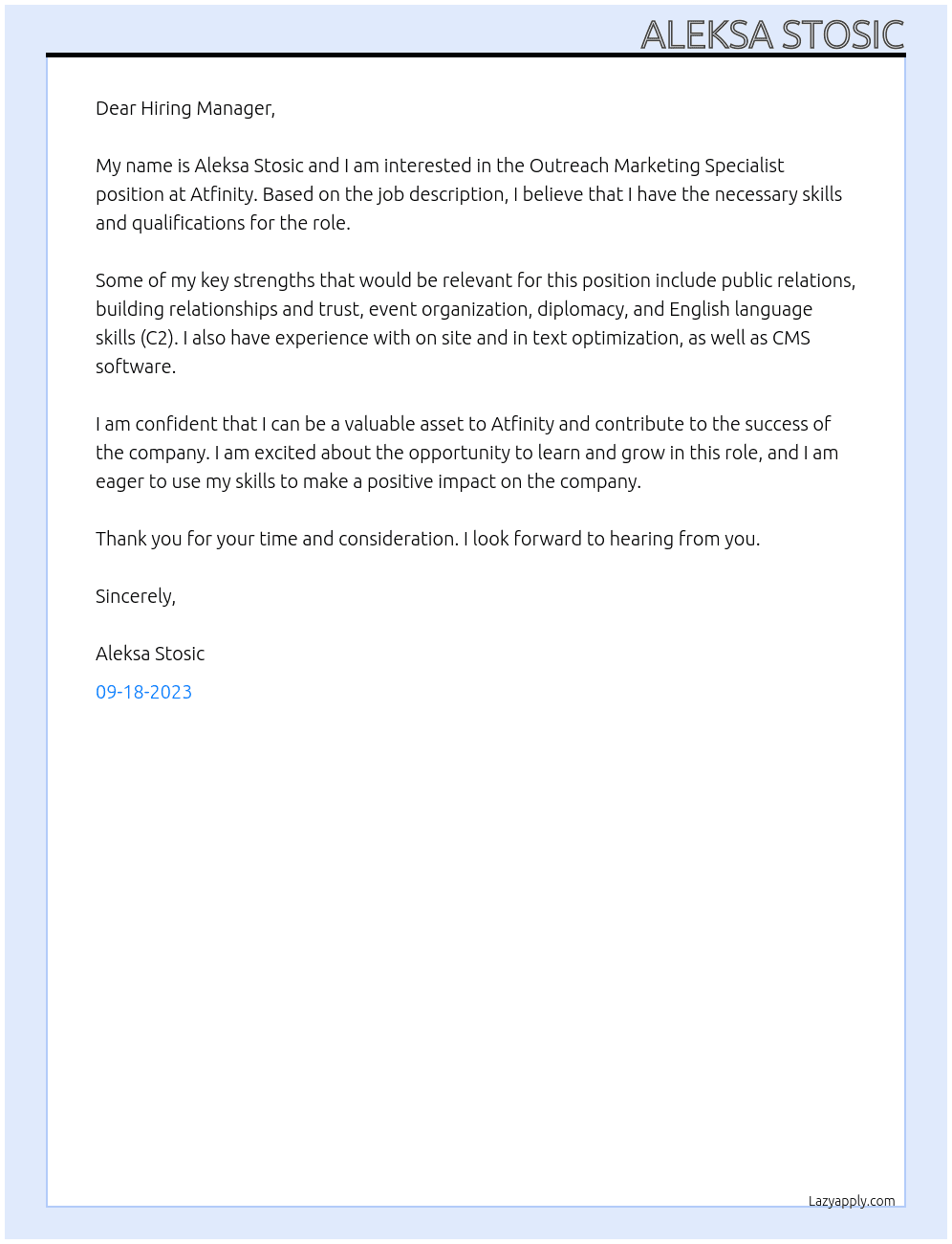 Atfinity Atfinity Outreach Marketing Specialist At Atfinity Cover Letter