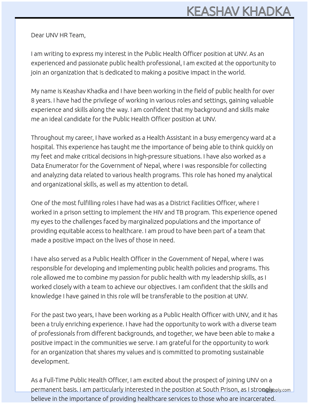 Public health officer  At UNV  Cover Letter