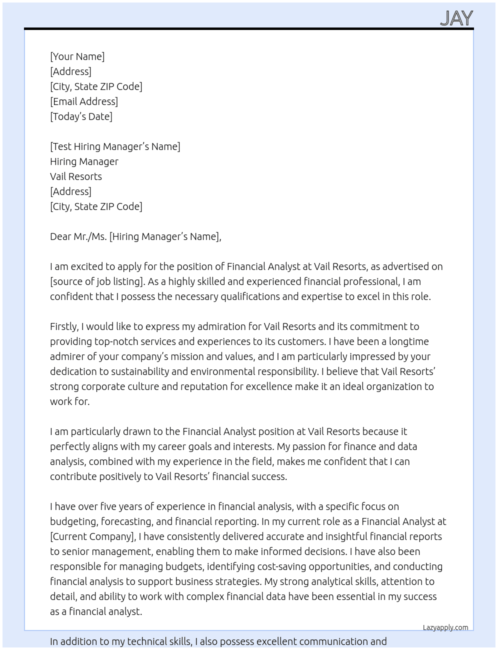 Financial Analyst At Vail Resorts Cover Letter
