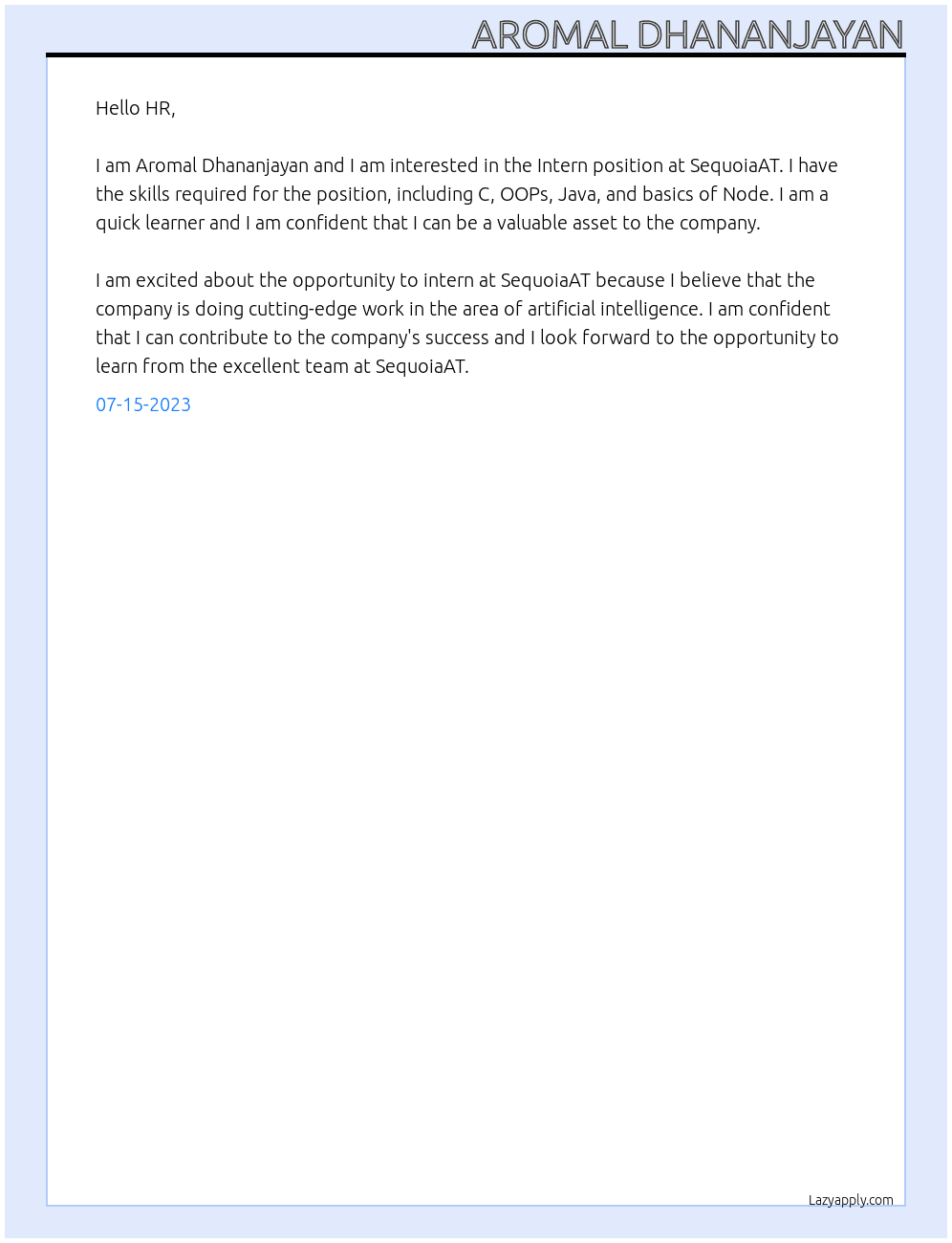 Intern At SequoiaAT Cover Letter