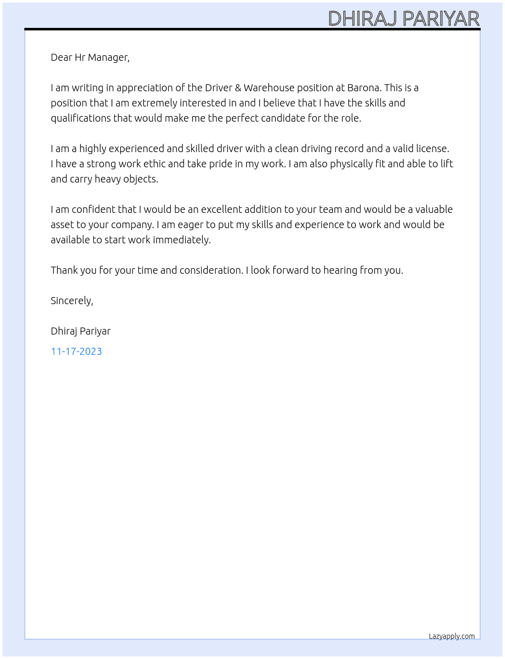 DRIVER & Warehouse  At Barona  Cover Letter