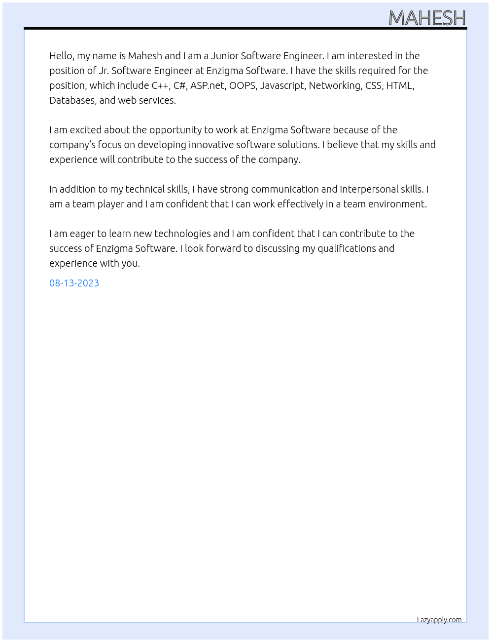 Jr. Software Engineer At Enzigma Software Cover Letter