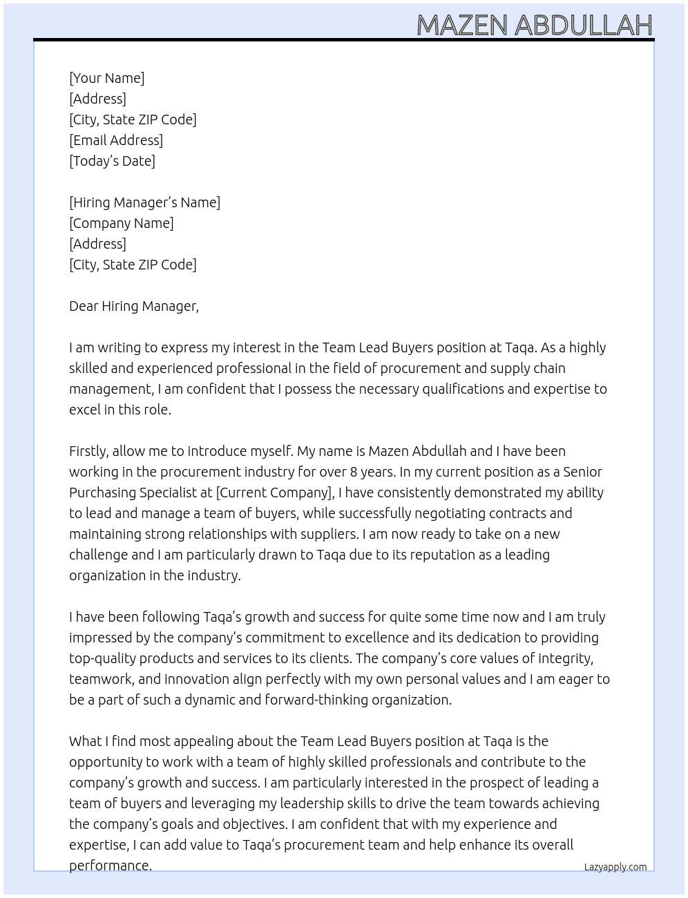 Team lead buyers At Taqa  Cover Letter