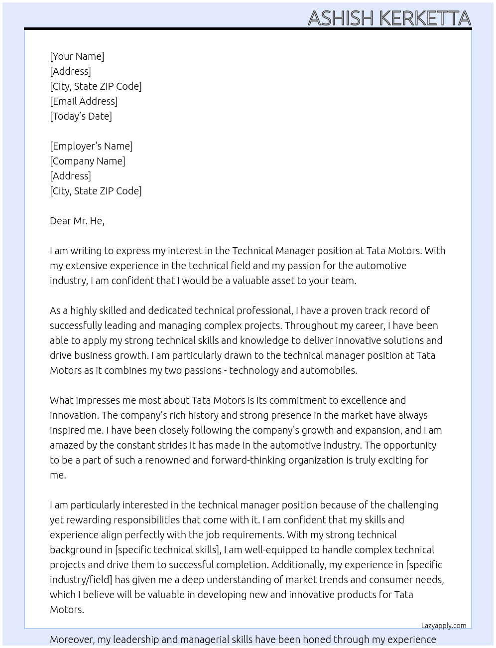 Technical At Tata motors Cover Letter