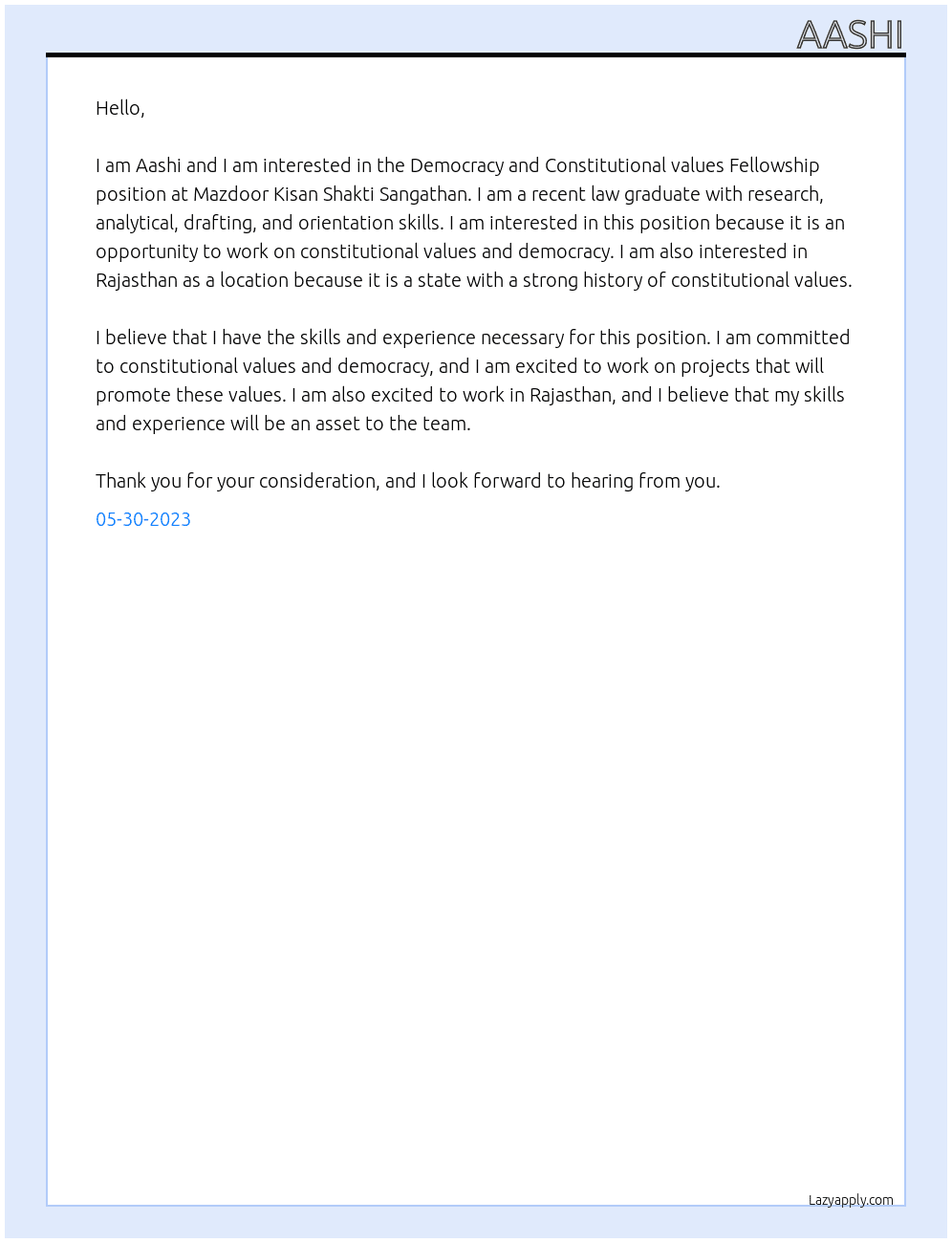 Democracy and Constitutional values Fellowship At Mazdoor Kisan Shakti Sangathan Cover Letter