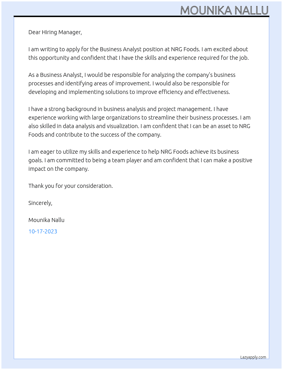 Business analyst  At Nrg foods Cover Letter