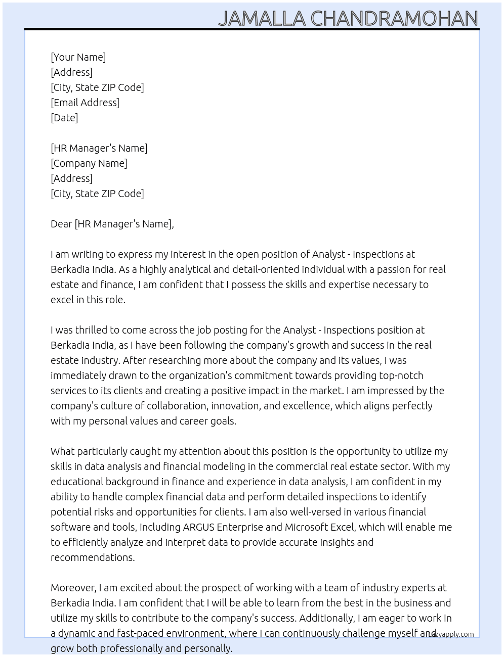 Analyst - inspections  At Berkadia india  Cover Letter
