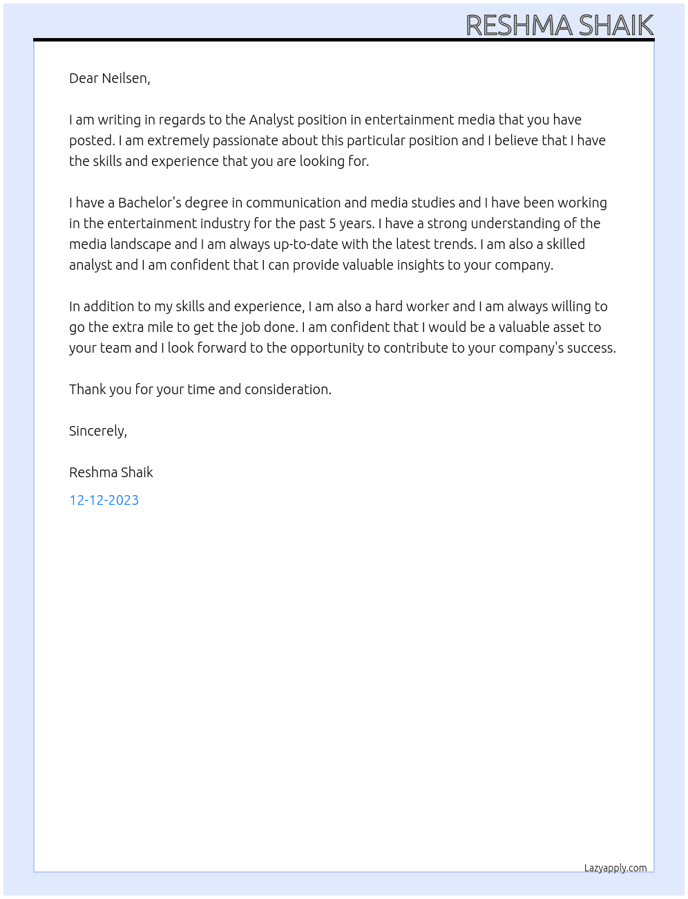 Analyst in entertainment media At Neilsen Cover Letter