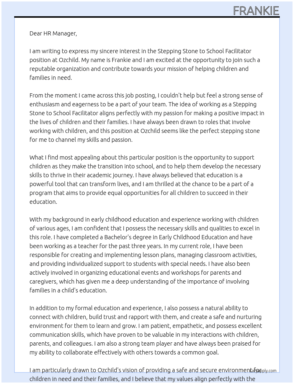 Stepping Stone to School Facilitator At Ozchild Cover Letter