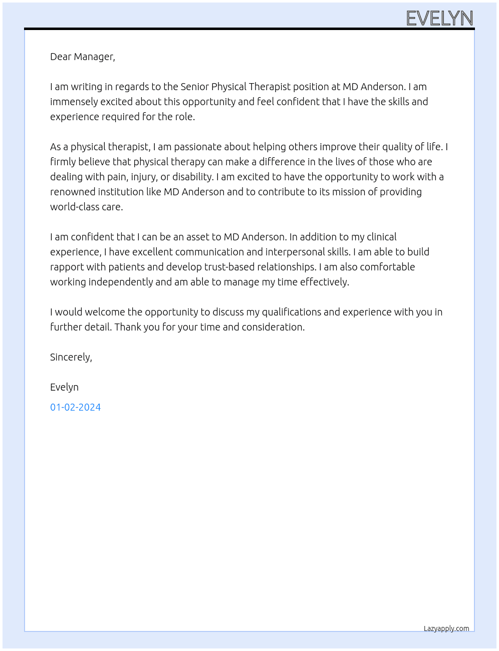 Senior Physical Therapist At MD Anderson Cover Letter