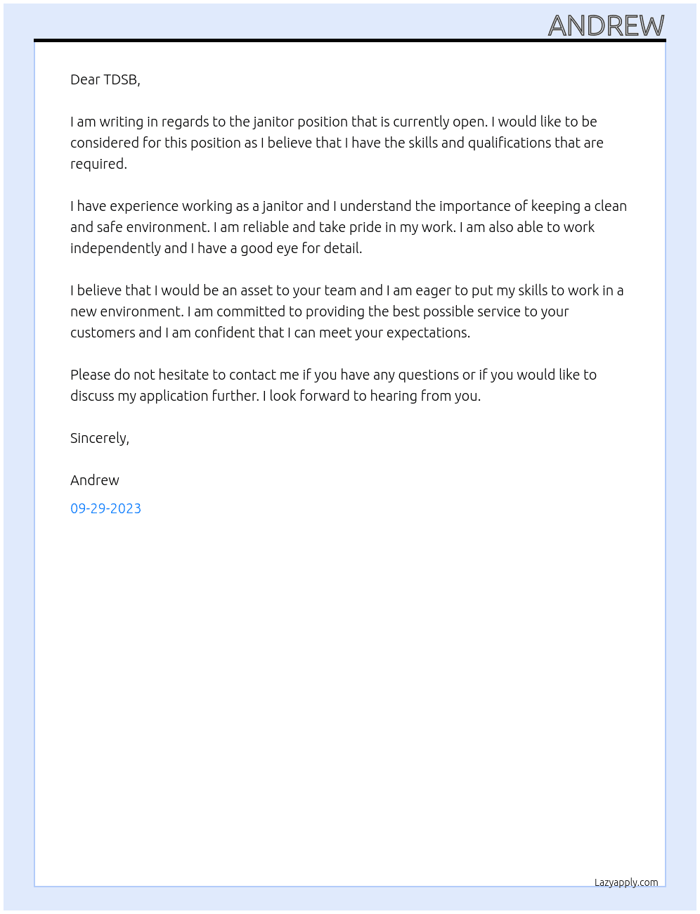 Janitor At TDSB Cover Letter