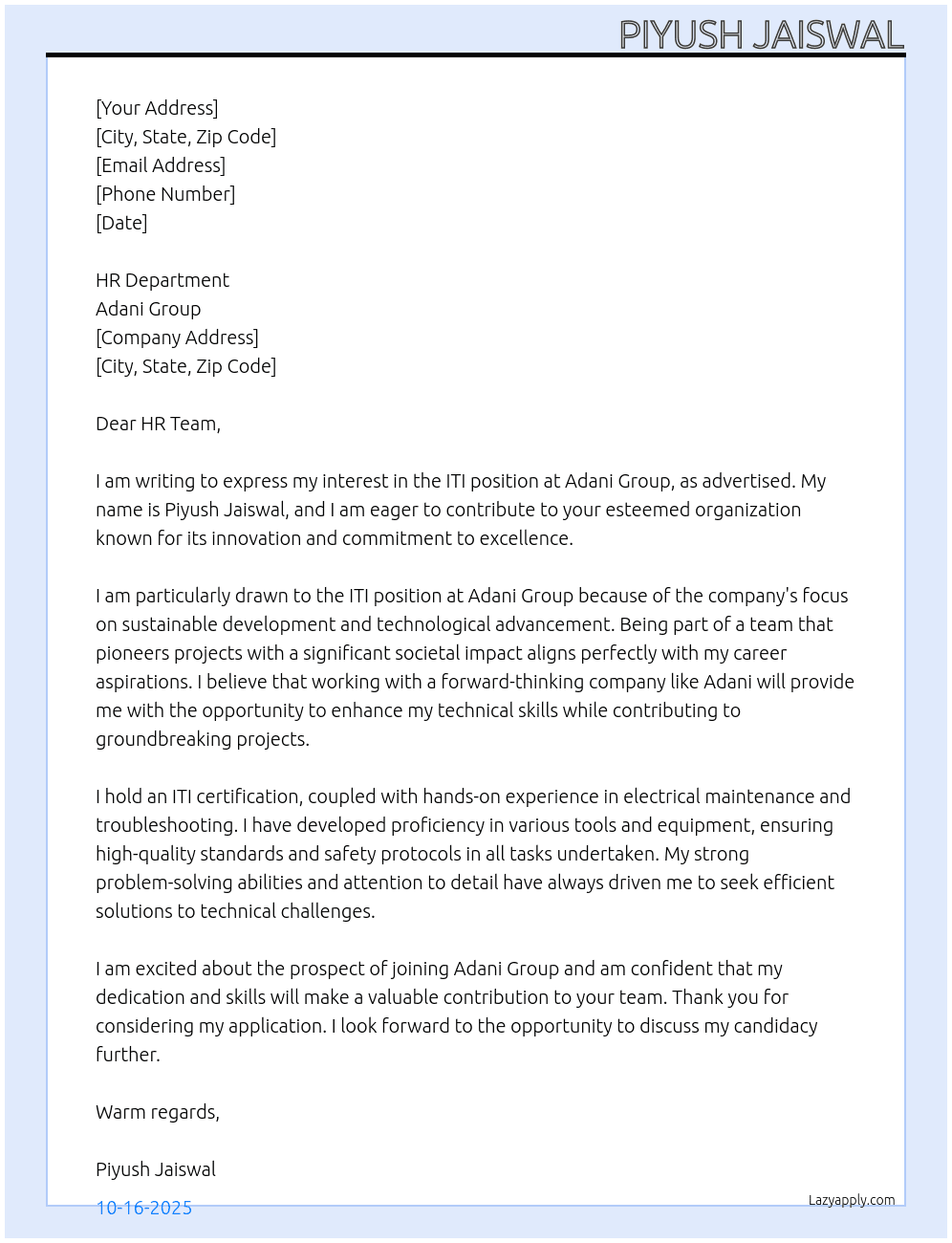 Iti At Adani group  Cover Letter
