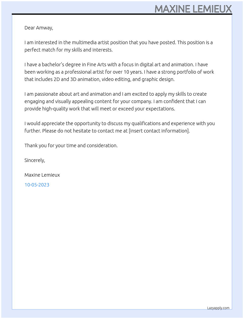 Multimedia Artist At Amway Cover Letter
