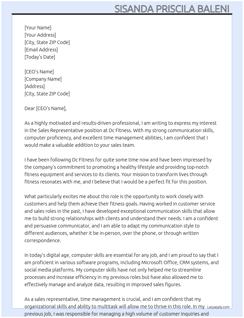 Sales representatives  At Dc fitness  Cover Letter