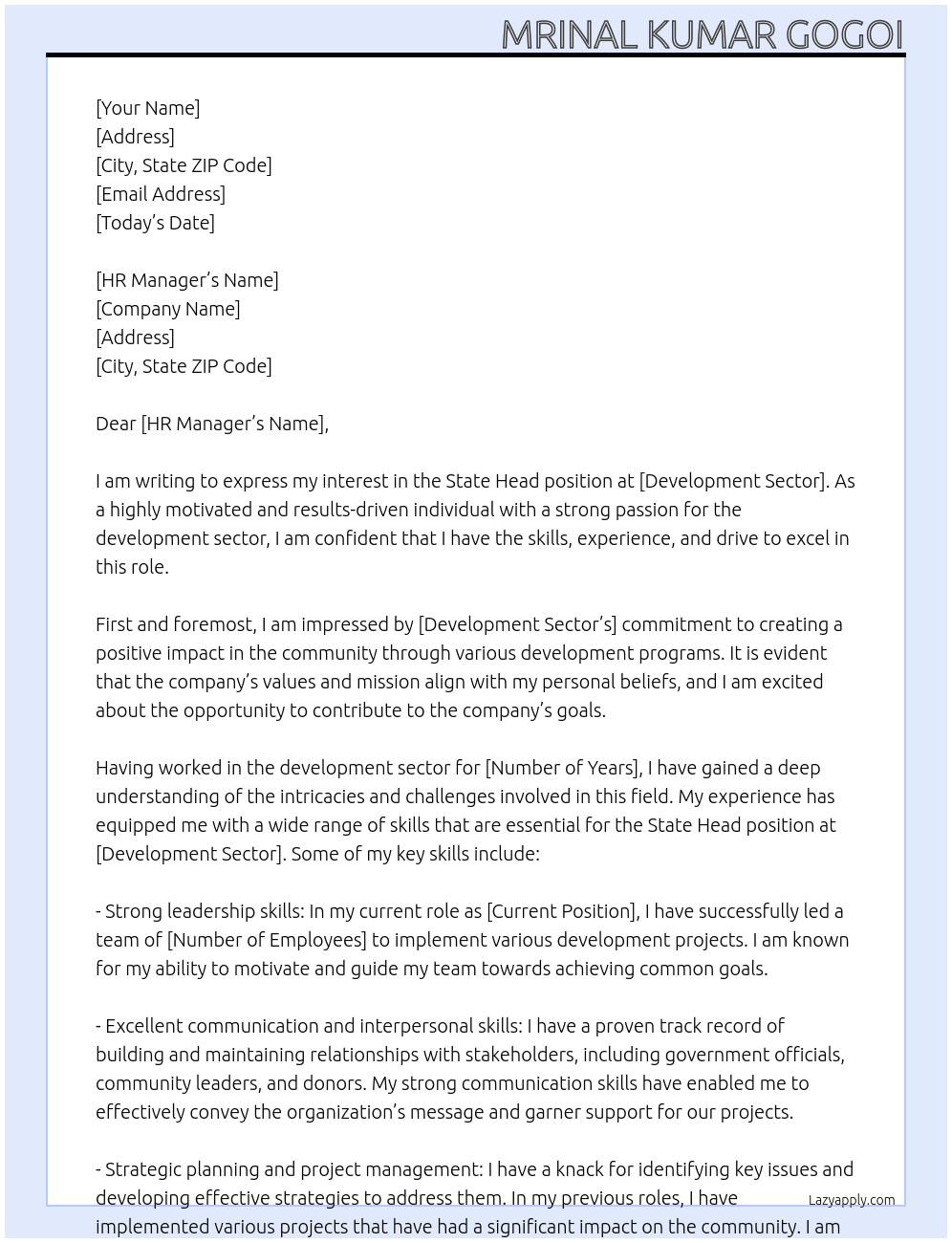 State Head At development sector Cover Letter