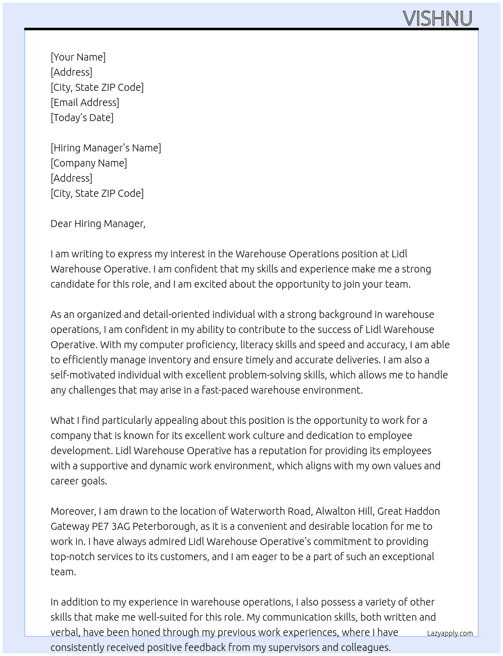 Warehouse operations  At Lidl warehouse operative  Cover Letter