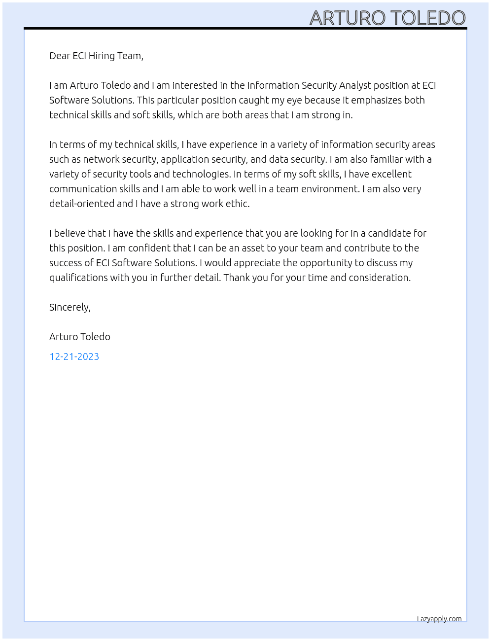 Information Security Analyst At ECI Software Solutions Cover Letter