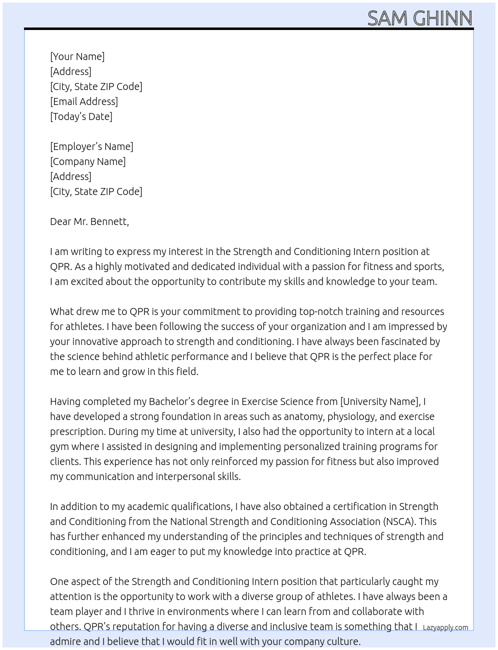 Strengh and Conditiong Intern At QPR Cover Letter