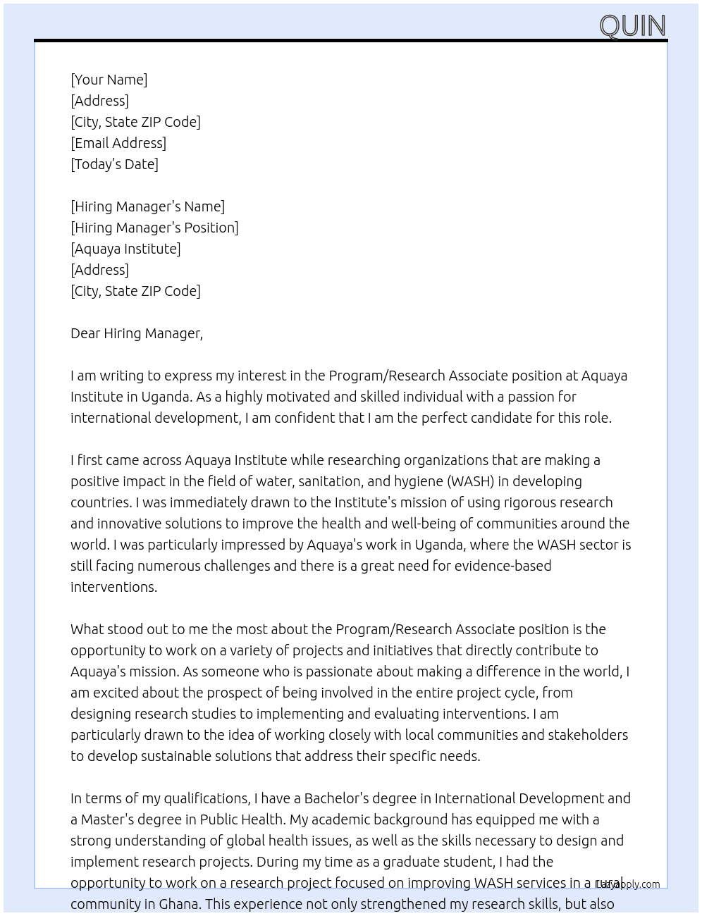  Program/Research Associate — Uganda At Aquaya Institute Cover Letter