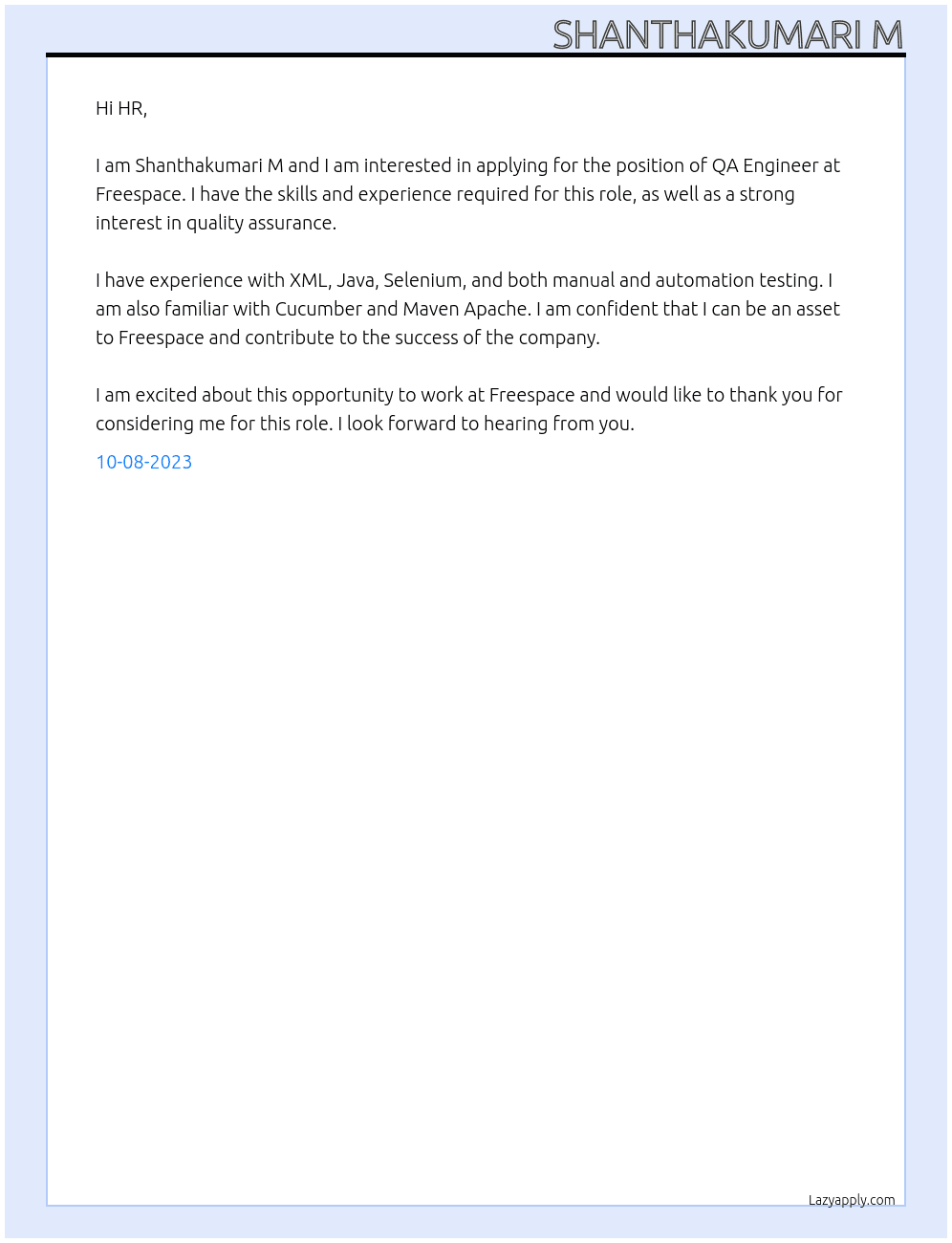 QA Engineer At Freespace Cover Letter