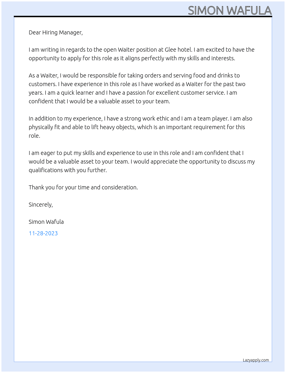 Waiter  At Glee hotel  Cover Letter