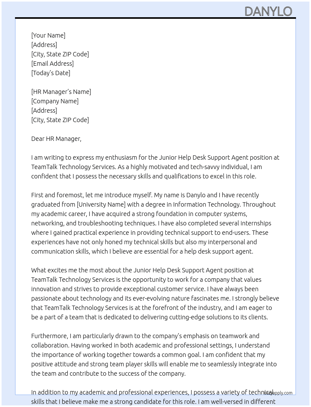 Junior Help Desk Support Agent At TeamTalk Technology Services Cover Letter