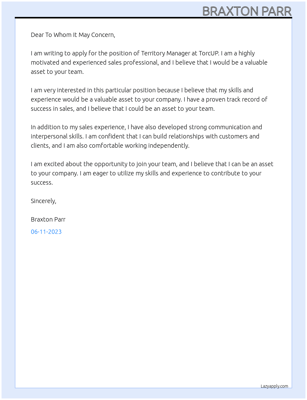 Territory Manager At TorcUP Cover Letter