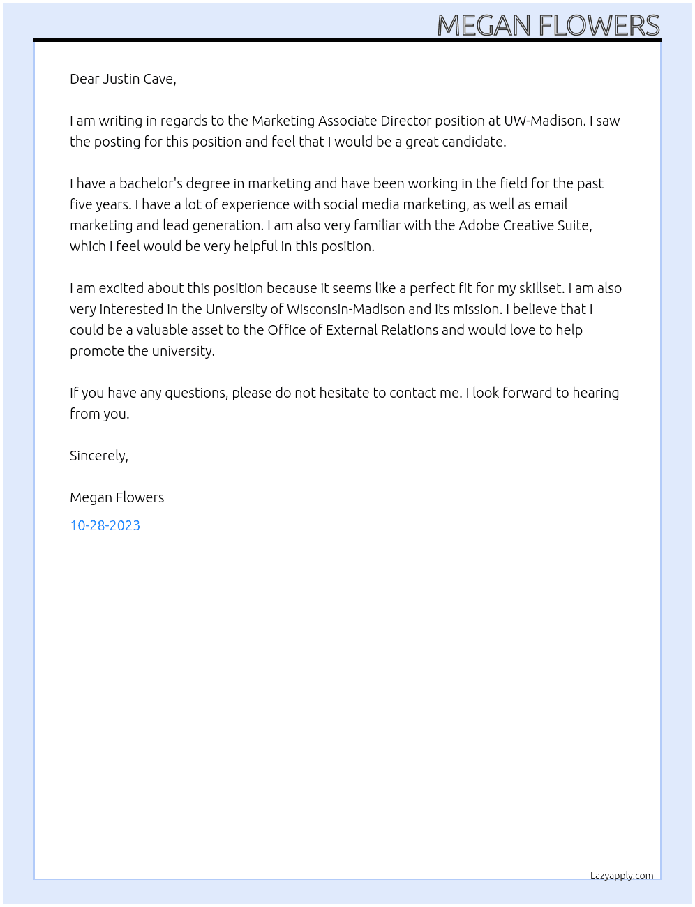 Marketing Associate Director At Office of External Relations at UW-Madison Cover Letter