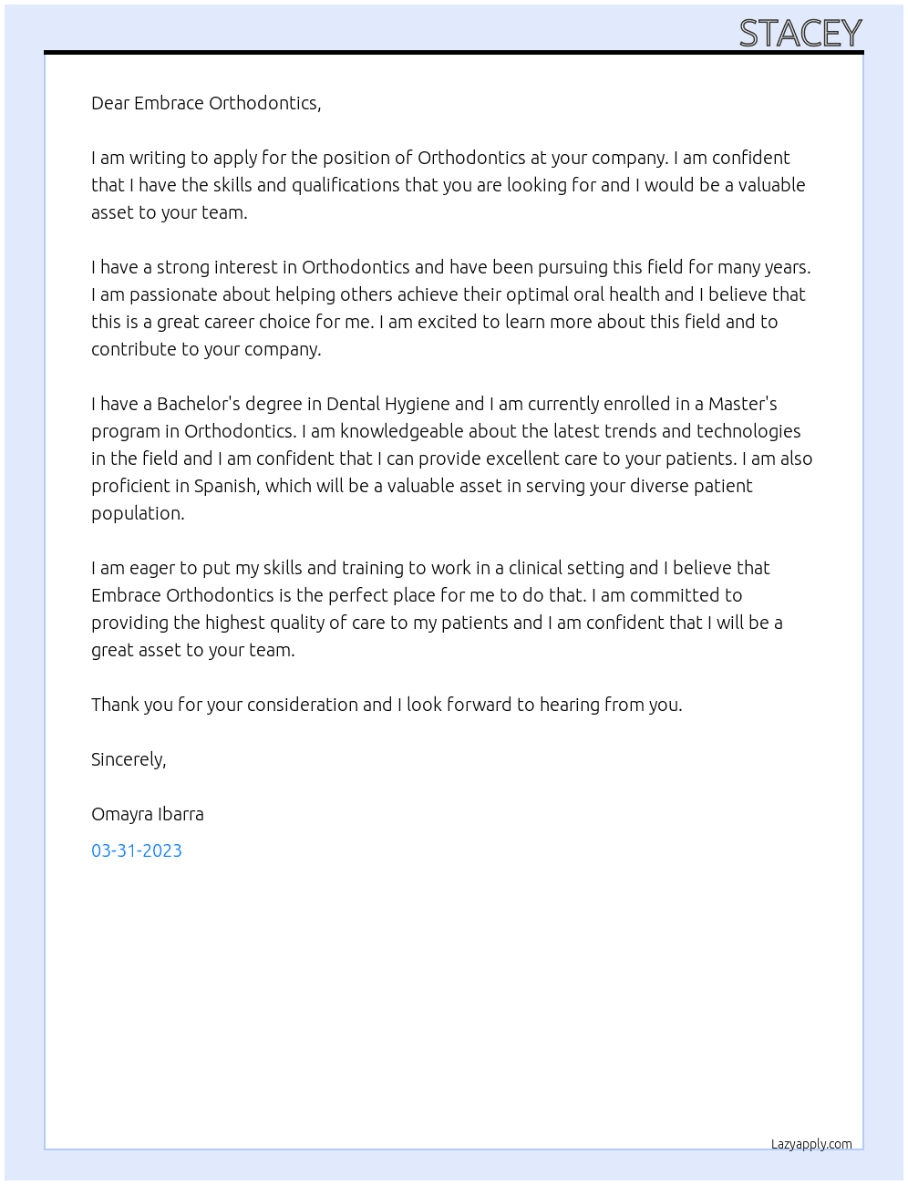Orthodontics At Embrace Orthodontics Cover Letter