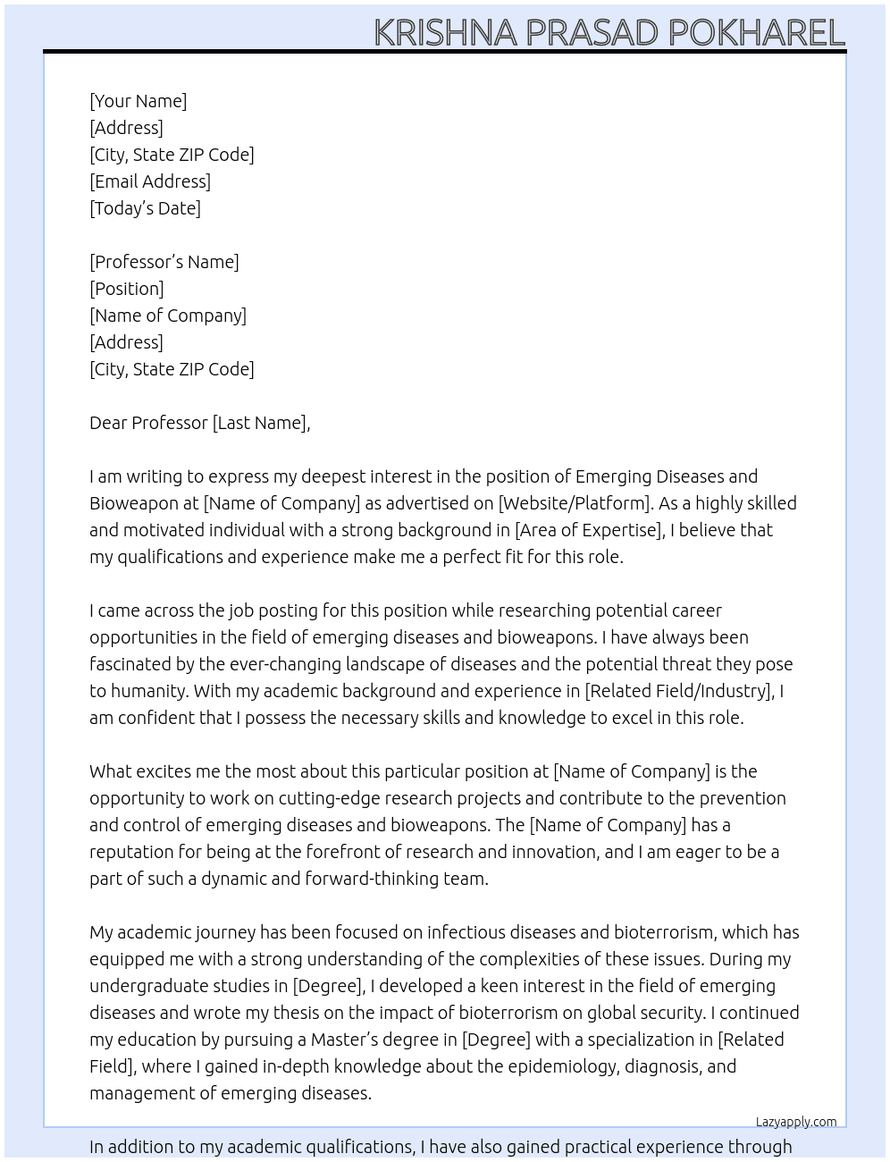 Emerging diseases and bioweapon  At University fellowship programme  Cover Letter