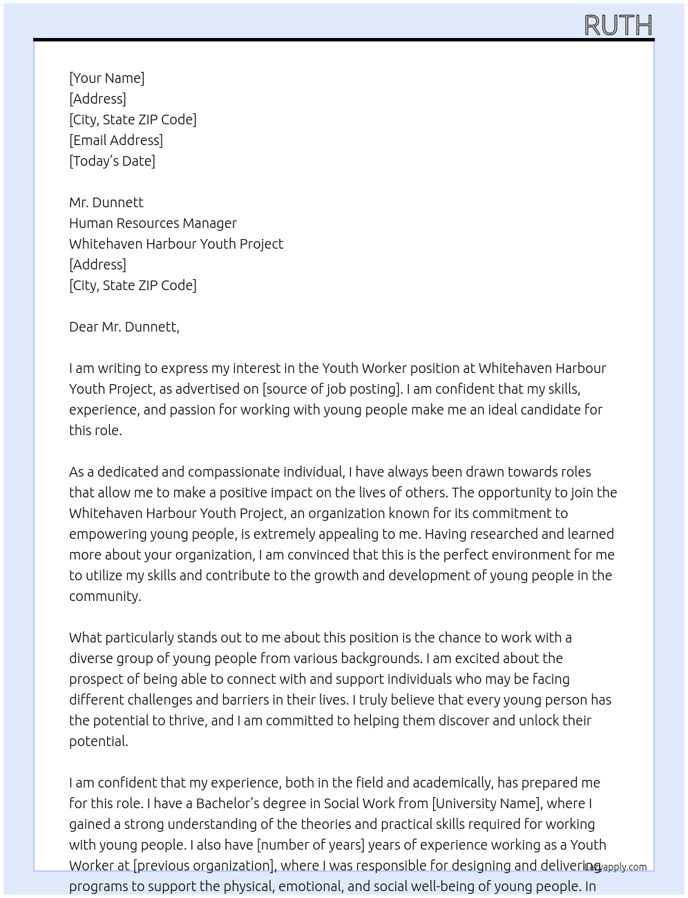 Youth worker At WHITEHAVEN HARBOUR YOUTH PROJECT  Cover Letter
