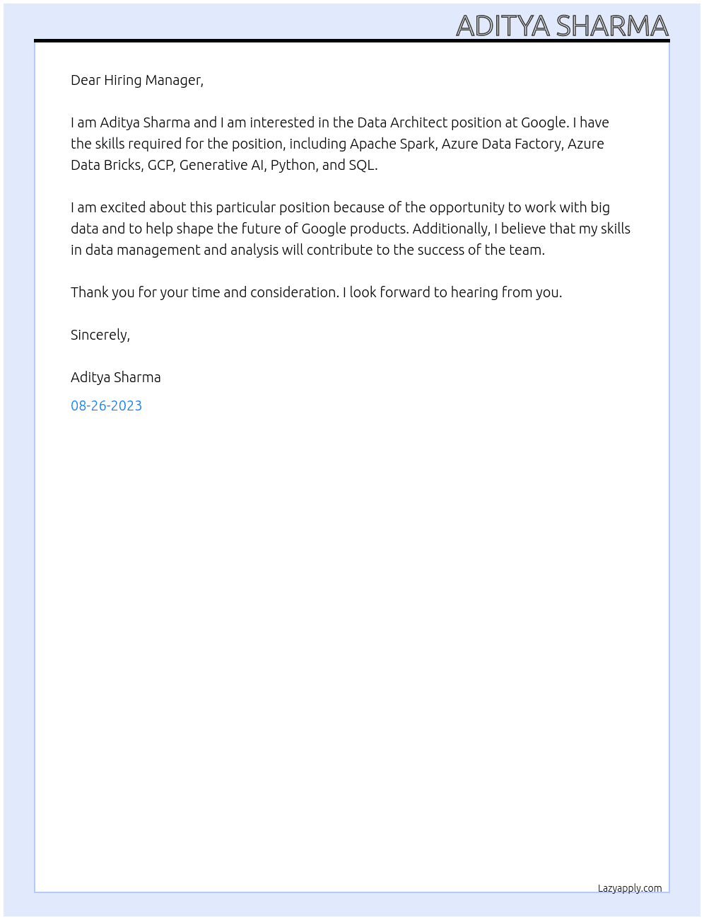 Data Architect At Google Cover Letter