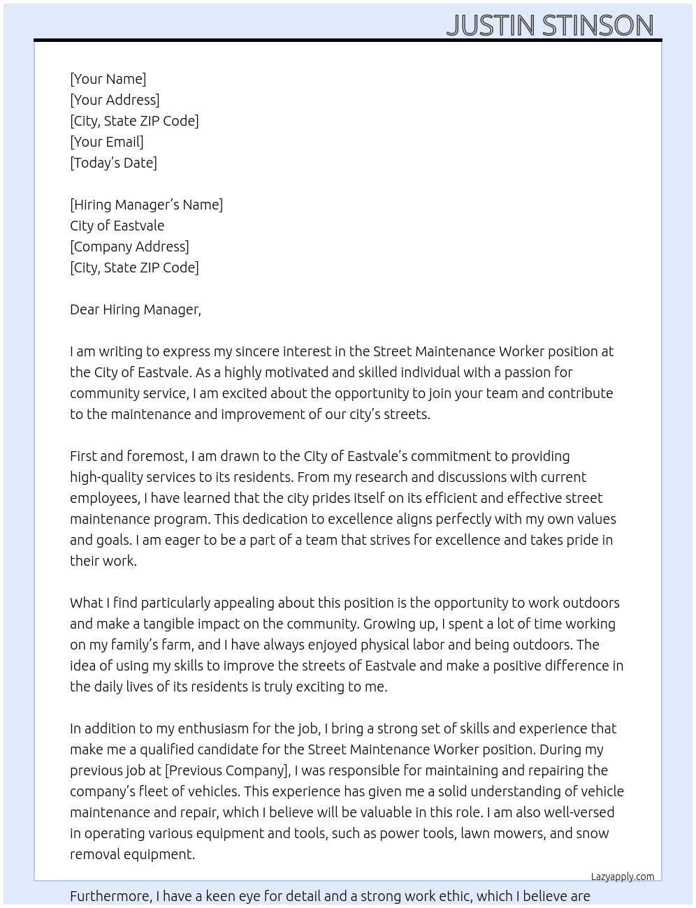 Street Maintenance Worker  At City of Eastvale  Cover Letter