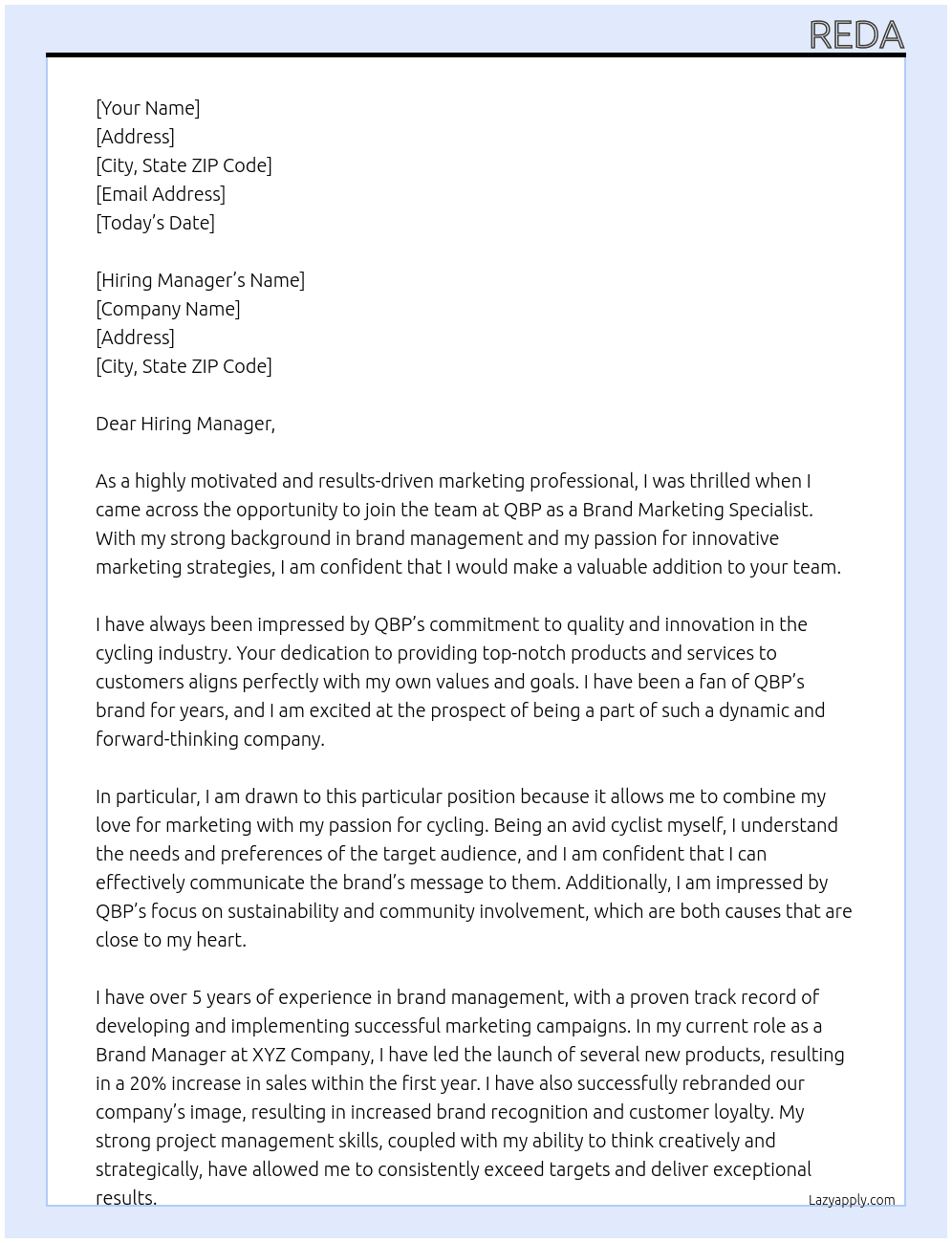 Brand Marketing Specialist At QBP Cover Letter
